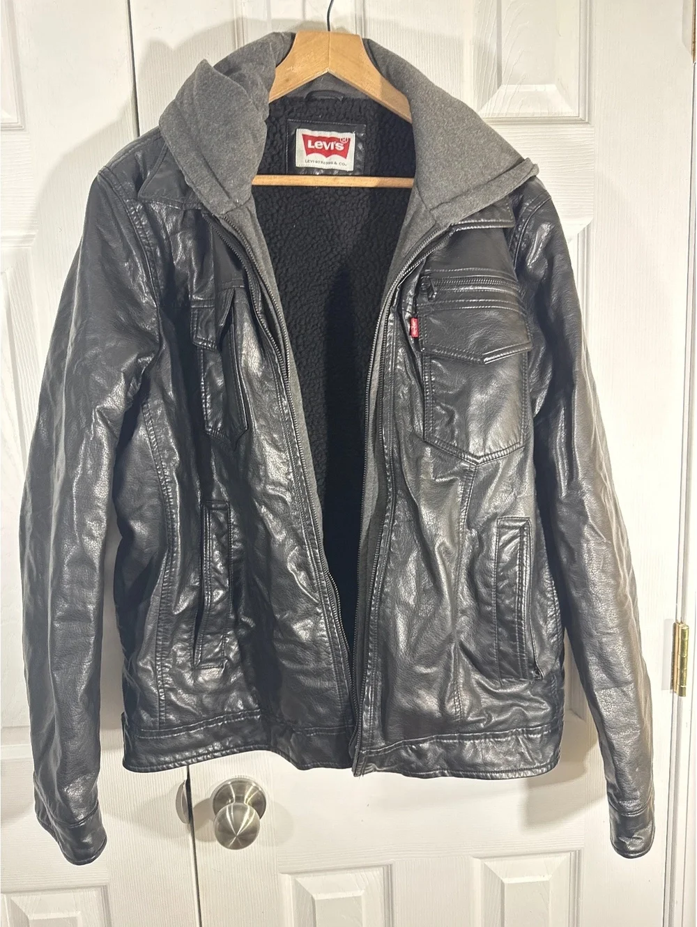 Levi's Black Faux Leather Jacket with Hooded Inner Layer